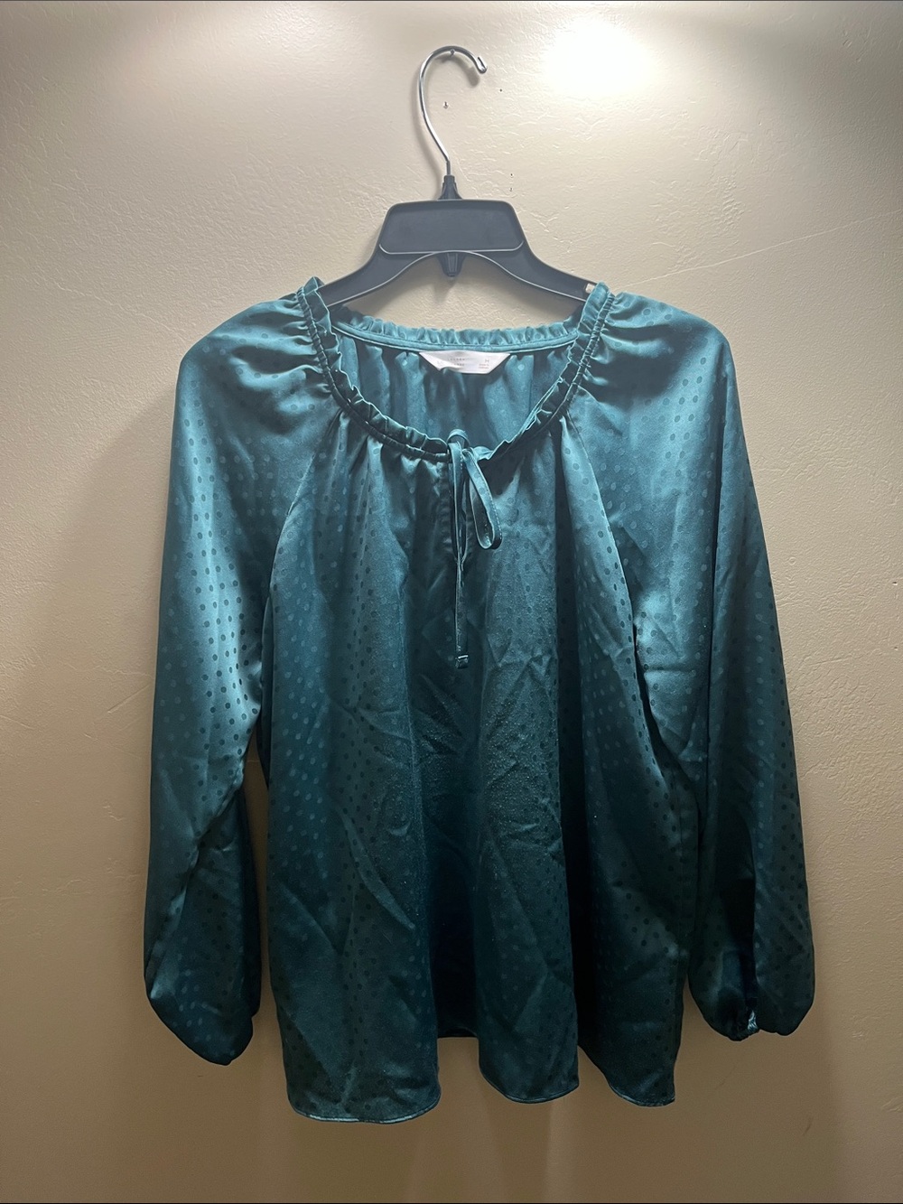 LC Lauren Conrad Teal Satin Peasant Blouse with Tie Neck